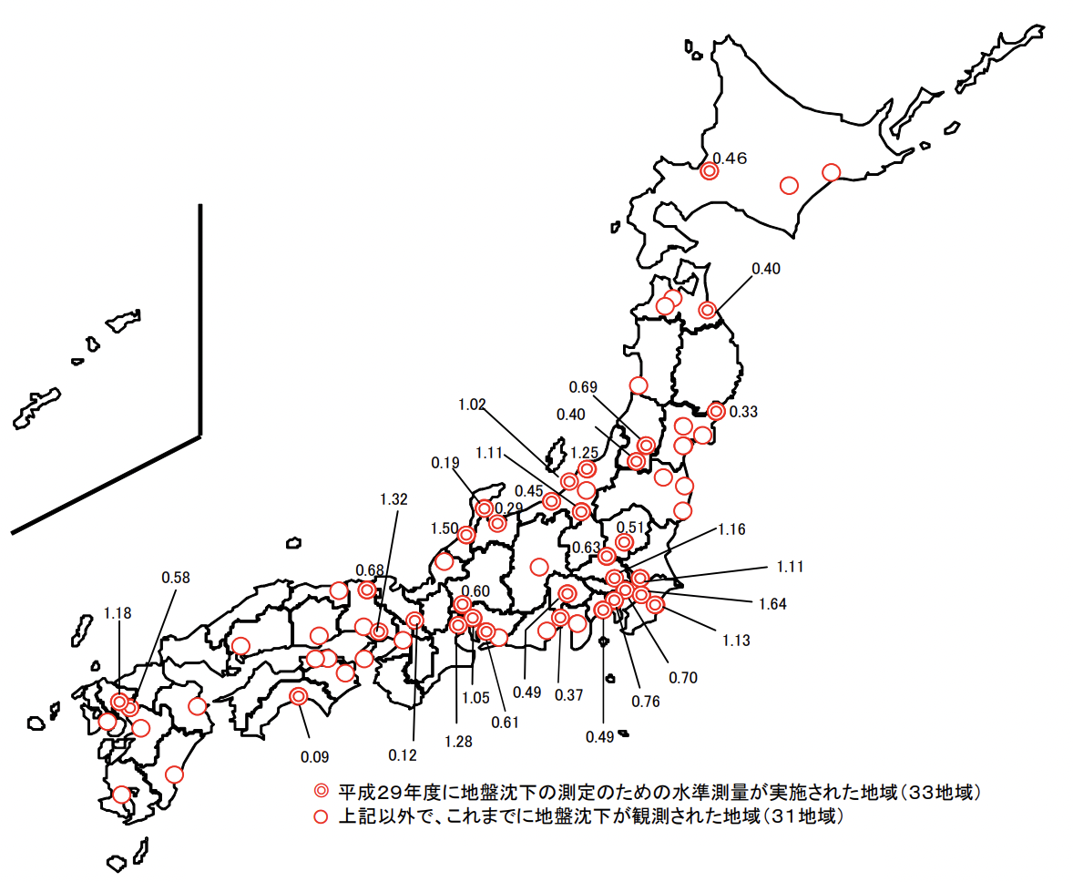 日本国内の地盤沈下の状況 (出所：環境省「 平成２９年度 全国の地盤沈